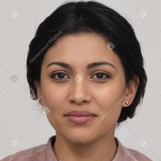 Joyful latino young-adult female with medium  brown hair and brown eyes