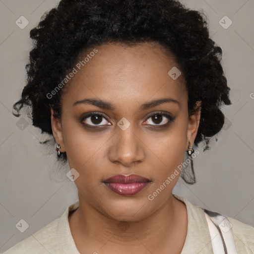 Neutral black young-adult female with medium  brown hair and brown eyes