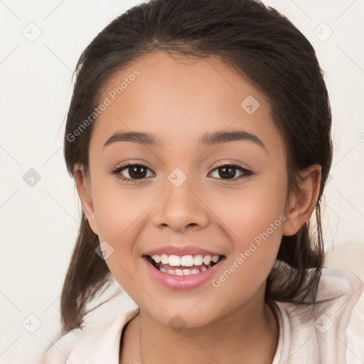 Joyful white child female with medium  brown hair and brown eyes