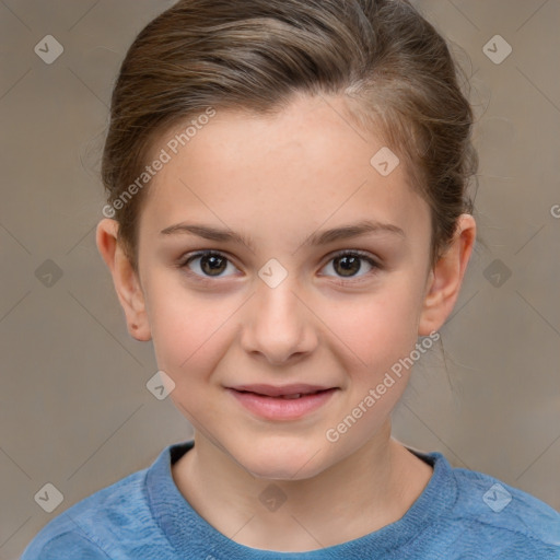 Joyful white child female with short  brown hair and brown eyes