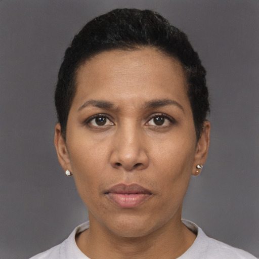 Neutral black young-adult female with short  black hair and brown eyes