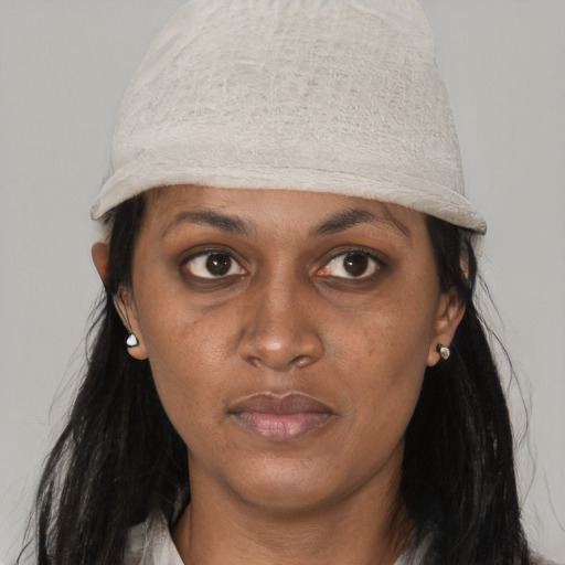 Neutral white adult female with long  black hair and brown eyes