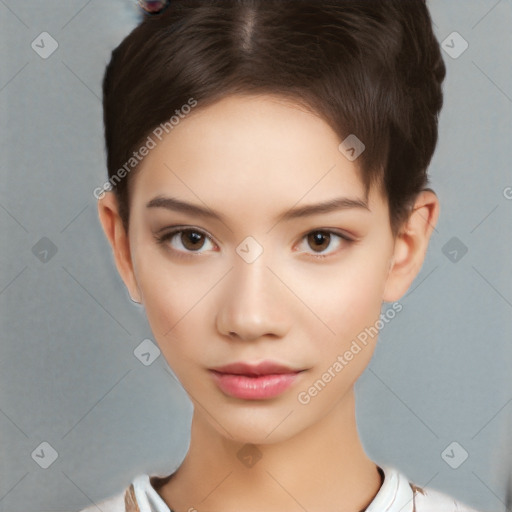 Neutral white young-adult female with short  brown hair and brown eyes