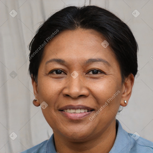 Joyful white adult female with short  brown hair and brown eyes