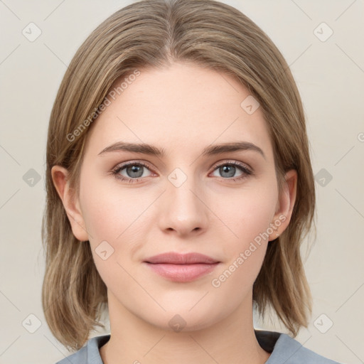 Neutral white young-adult female with medium  brown hair and grey eyes