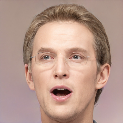 Joyful white adult male with short  brown hair and grey eyes