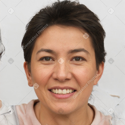 Joyful white adult female with short  brown hair and brown eyes