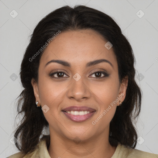 Joyful latino young-adult female with long  brown hair and brown eyes