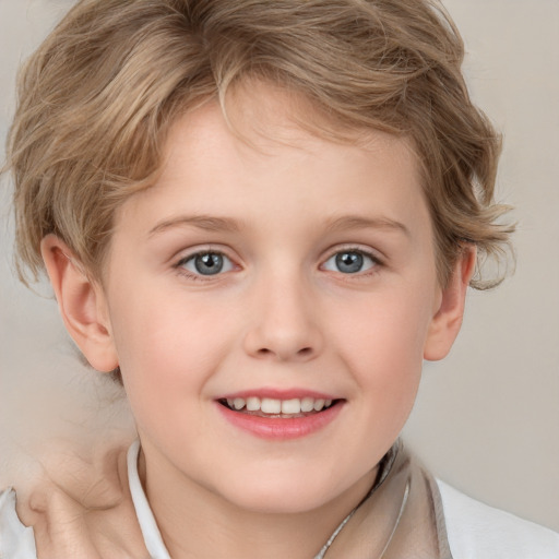 Joyful white child female with short  brown hair and grey eyes