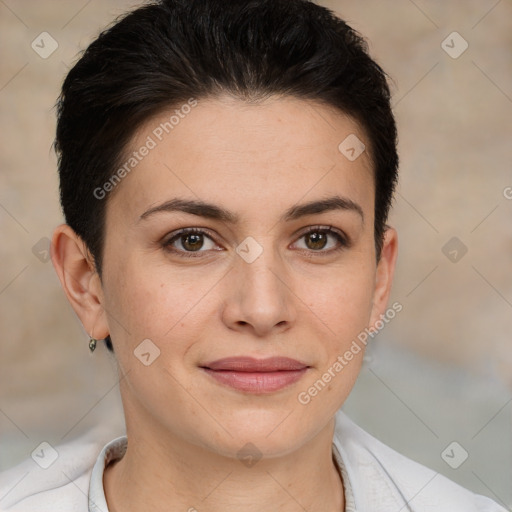 Joyful white young-adult female with short  brown hair and brown eyes