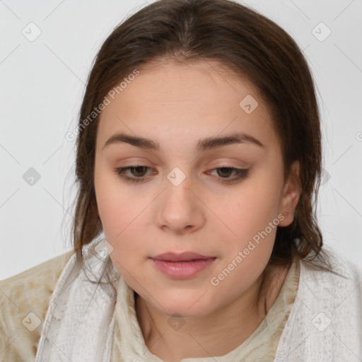 Neutral white young-adult female with medium  brown hair and brown eyes