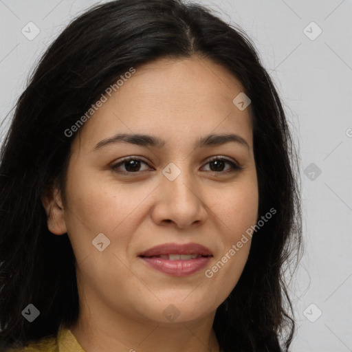 Joyful latino young-adult female with long  brown hair and brown eyes