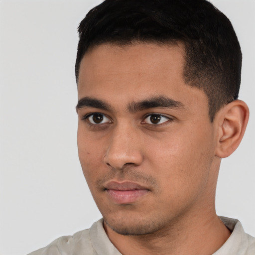 Neutral white young-adult male with short  black hair and brown eyes
