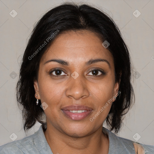 Joyful black young-adult female with medium  brown hair and brown eyes