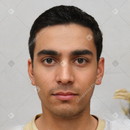 Neutral latino young-adult male with short  black hair and brown eyes