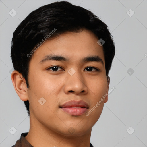 Neutral latino young-adult male with short  black hair and brown eyes