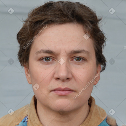 Neutral white young-adult female with short  brown hair and brown eyes