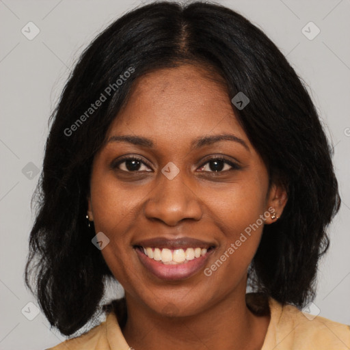 Joyful black young-adult female with medium  black hair and brown eyes