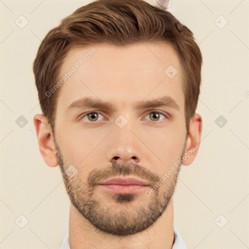 Neutral white young-adult male with short  brown hair and brown eyes