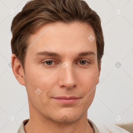 Neutral white young-adult male with short  brown hair and grey eyes