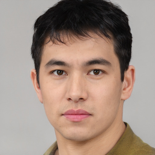 Neutral asian young-adult male with short  black hair and brown eyes
