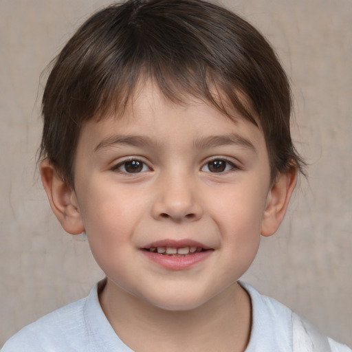 Joyful white child male with short  brown hair and brown eyes