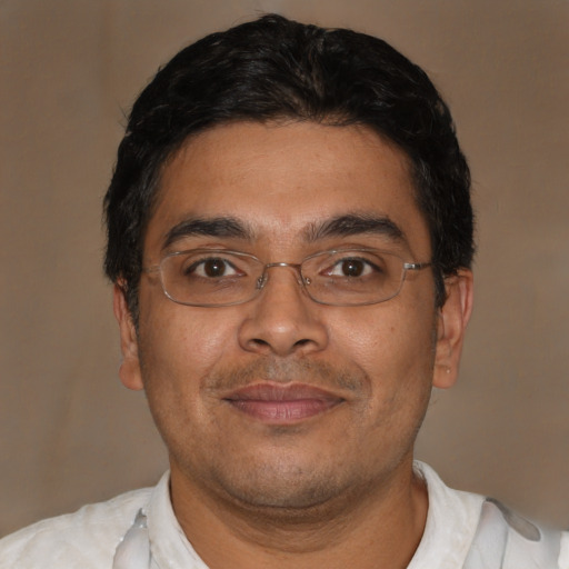 Joyful latino adult male with short  brown hair and brown eyes