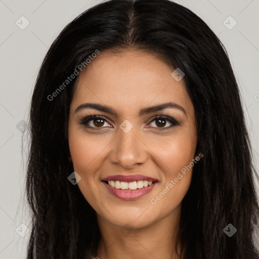 Joyful latino young-adult female with long  brown hair and brown eyes