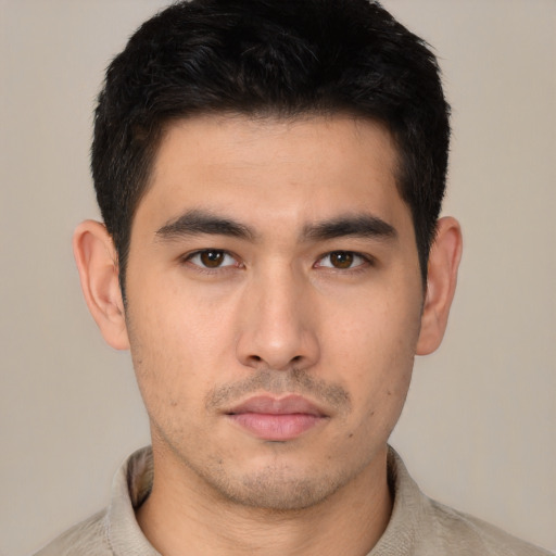 Neutral asian young-adult male with short  black hair and brown eyes