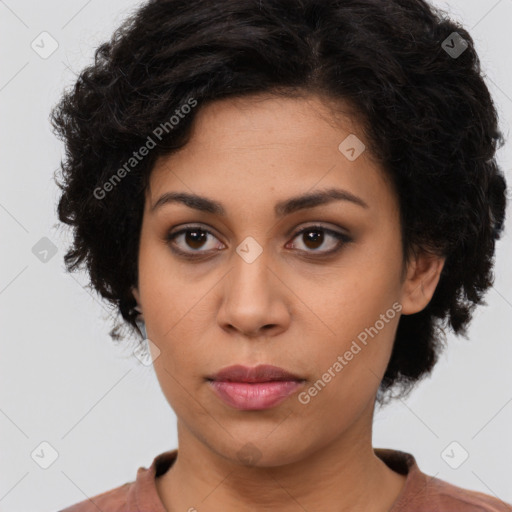 Neutral latino young-adult female with short  brown hair and brown eyes