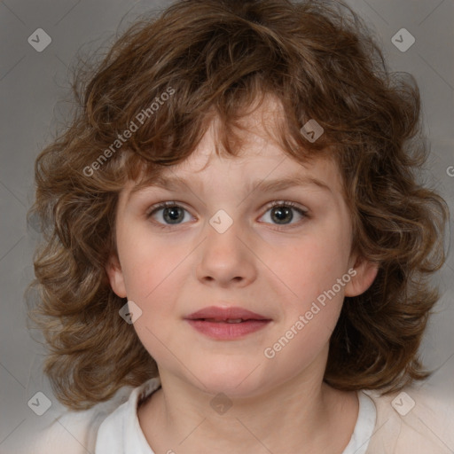 Joyful white child female with medium  brown hair and blue eyes