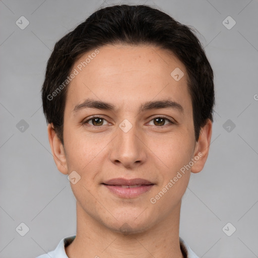 Joyful white young-adult male with short  brown hair and brown eyes