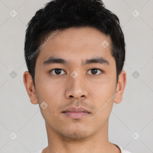 Neutral asian young-adult male with short  black hair and brown eyes