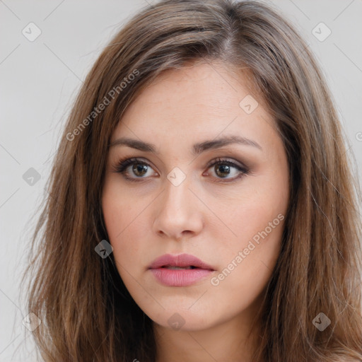 Neutral white young-adult female with long  brown hair and brown eyes