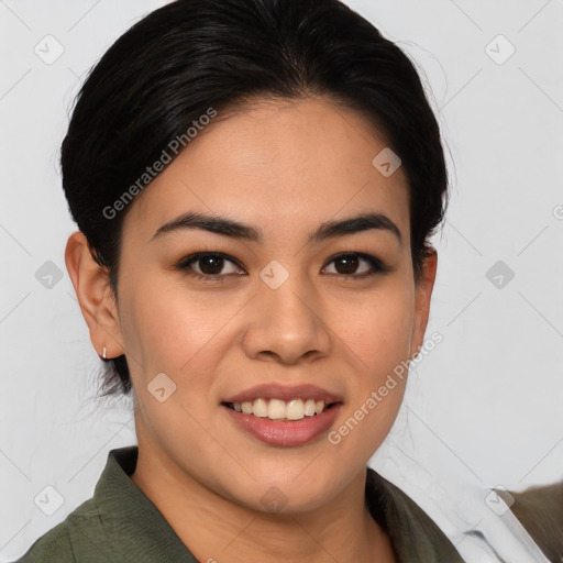 Joyful white young-adult female with medium  brown hair and brown eyes