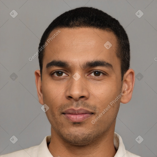 Neutral latino young-adult male with short  black hair and brown eyes