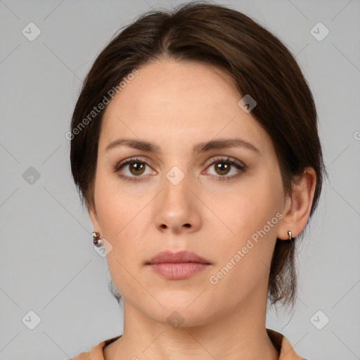 Neutral white young-adult female with medium  brown hair and brown eyes