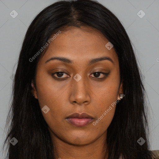 Neutral asian young-adult female with long  brown hair and brown eyes