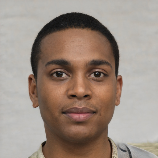 Neutral black young-adult male with short  black hair and brown eyes
