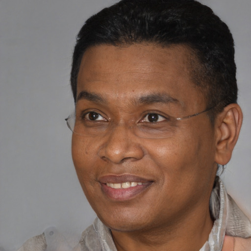 Joyful black adult male with short  brown hair and brown eyes