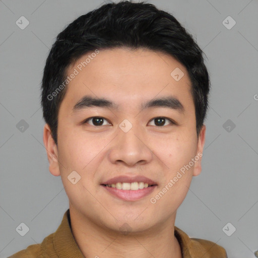 Joyful white young-adult male with short  black hair and brown eyes