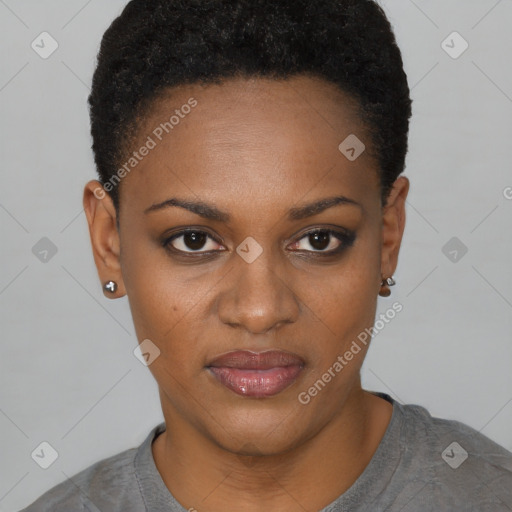 Joyful black young-adult female with short  black hair and brown eyes