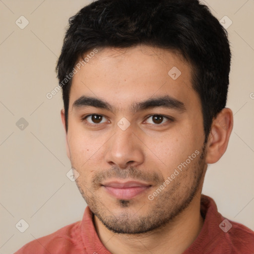 Neutral latino young-adult male with short  black hair and brown eyes