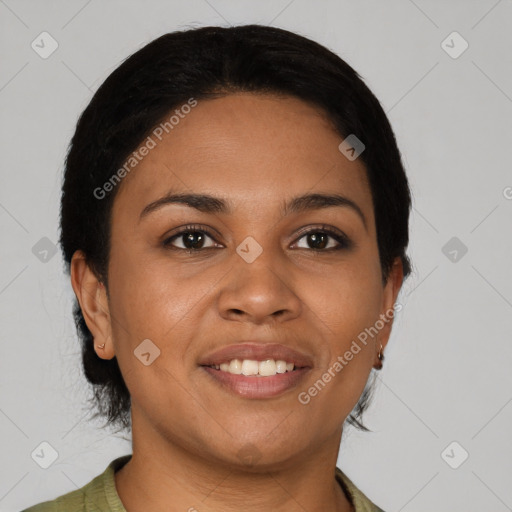 Joyful latino young-adult female with short  brown hair and brown eyes