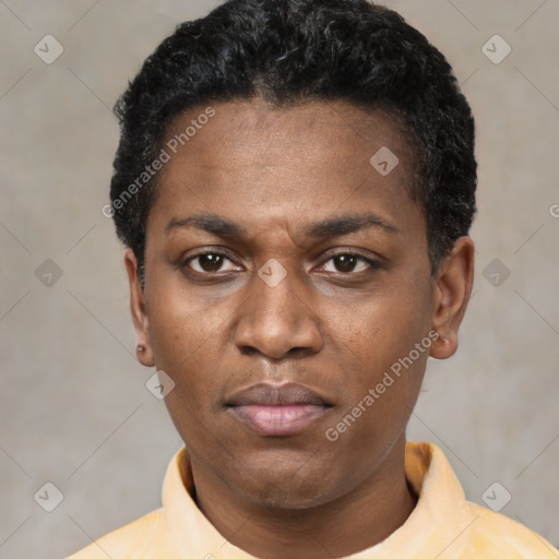 Neutral latino young-adult female with short  black hair and brown eyes