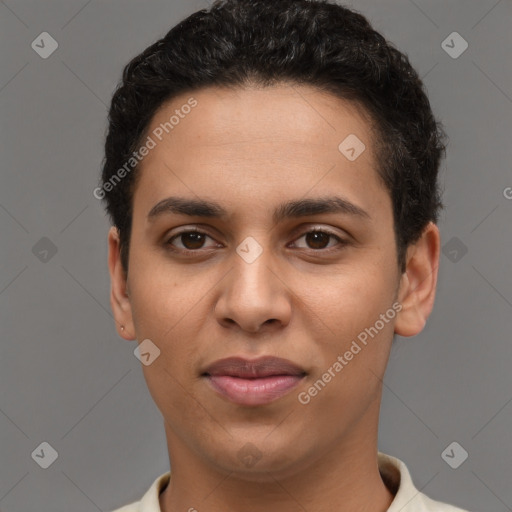 Joyful latino young-adult male with short  brown hair and brown eyes