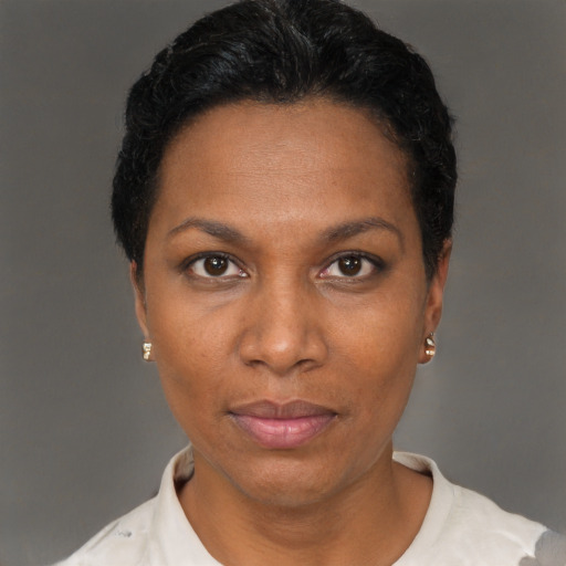 Neutral black adult female with short  black hair and brown eyes