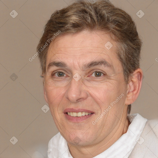 Joyful white middle-aged male with short  brown hair and brown eyes