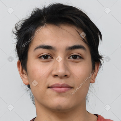 Joyful white young-adult male with medium  brown hair and brown eyes