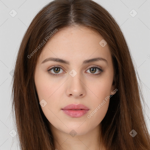 Neutral white young-adult female with long  brown hair and brown eyes